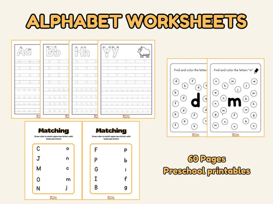 Alphabet Worksheets for Kids | Preschool Activity Book | ABC Tracing, Matching & Coloring | 60 Pages Printable
