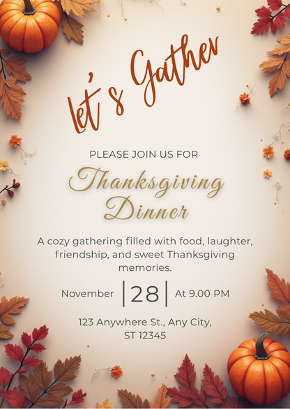 Thanksgiving Invitation Template – Editable Digital Download | Fall Party Invite | Editable with Canva