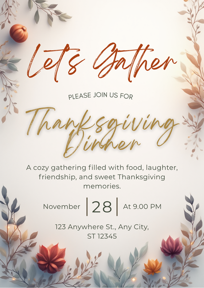 Thanksgiving Invitation Template – Editable Digital Download | Fall Party Invite | Editable with Canva