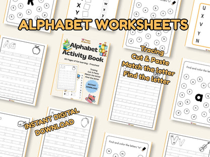 Alphabet Worksheets for Kids | Preschool Activity Book | ABC Tracing, Matching & Coloring | 60 Pages Printable