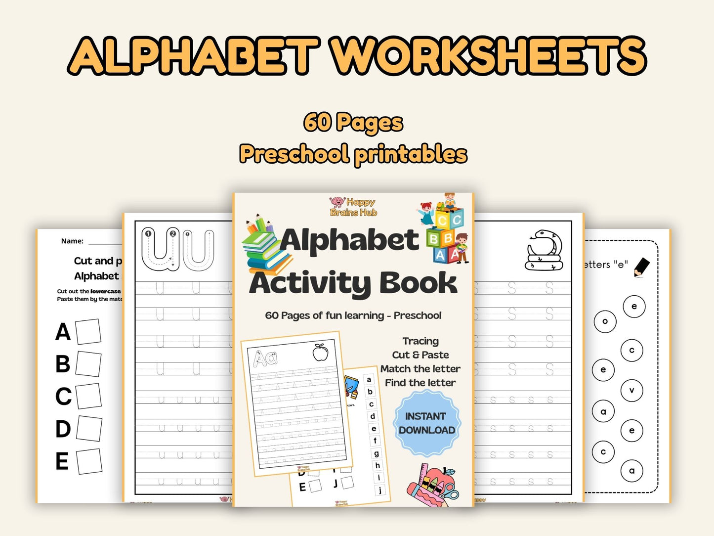 Alphabet Worksheets for Kids | Preschool Activity Book | ABC Tracing, Matching & Coloring | 60 Pages Printable