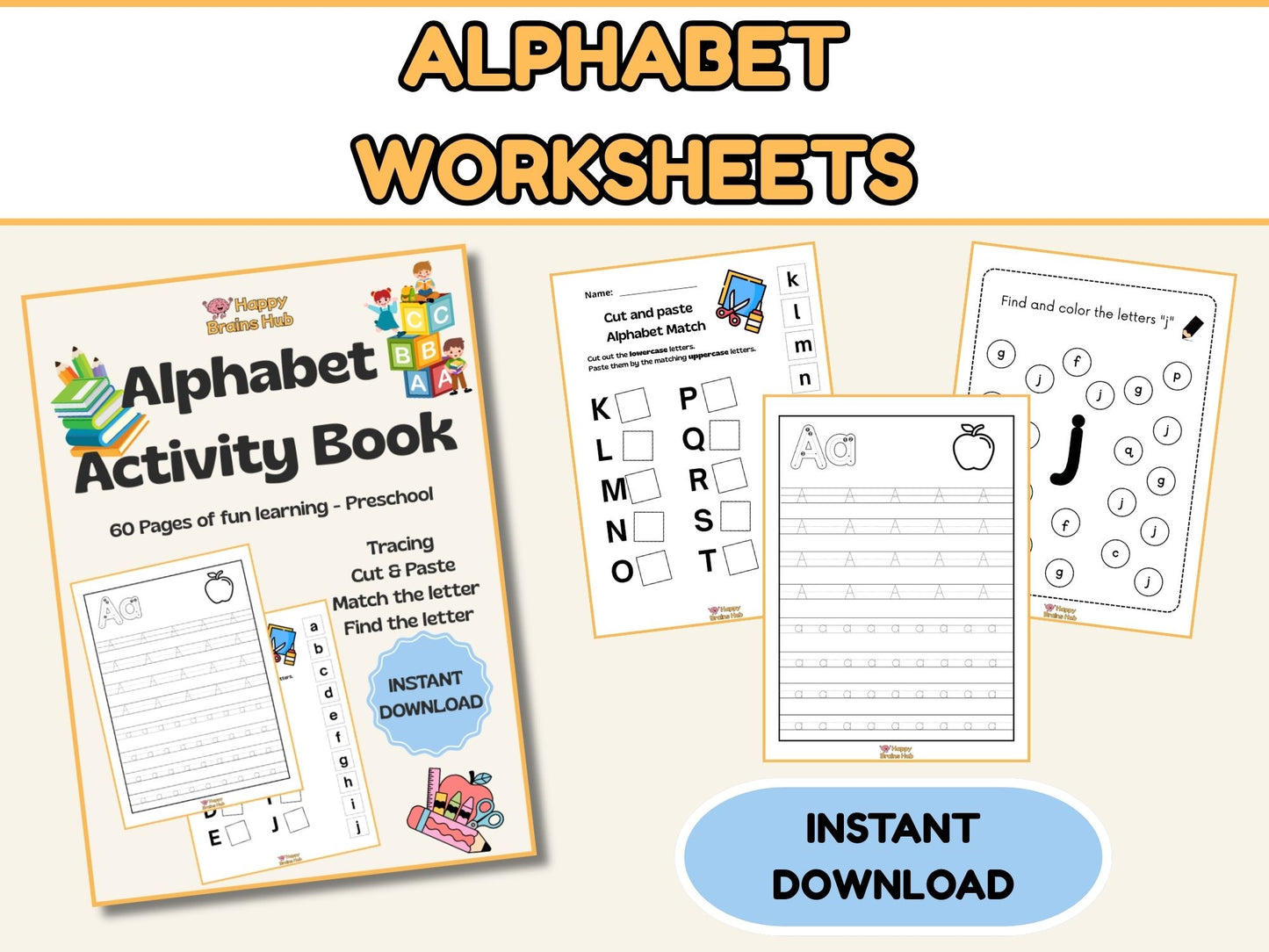 Alphabet Worksheets for Kids | Preschool Activity Book | ABC Tracing, Matching & Coloring | 60 Pages Printable