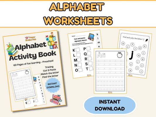 Alphabet Worksheets for Kids | Preschool Activity Book | ABC Tracing, Matching & Coloring | 60 Pages Printable