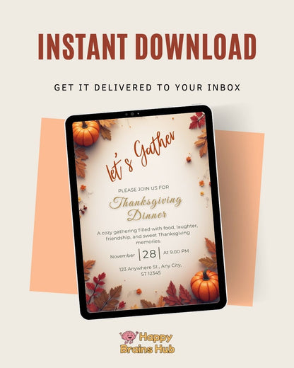 Thanksgiving Invitation Template – Editable Digital Download | Fall Party Invite | Editable with Canva