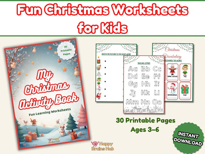Fun Christmas Activity Book for Kids — 30 Printable Preschool Worksheets & Holiday Games