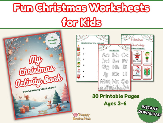 Fun Christmas Activity Book for Kids — 30 Printable Preschool Worksheets & Holiday Games