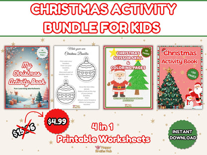 Christmas Activity Bundle for Kids – 4 in 1 Printable Worksheets