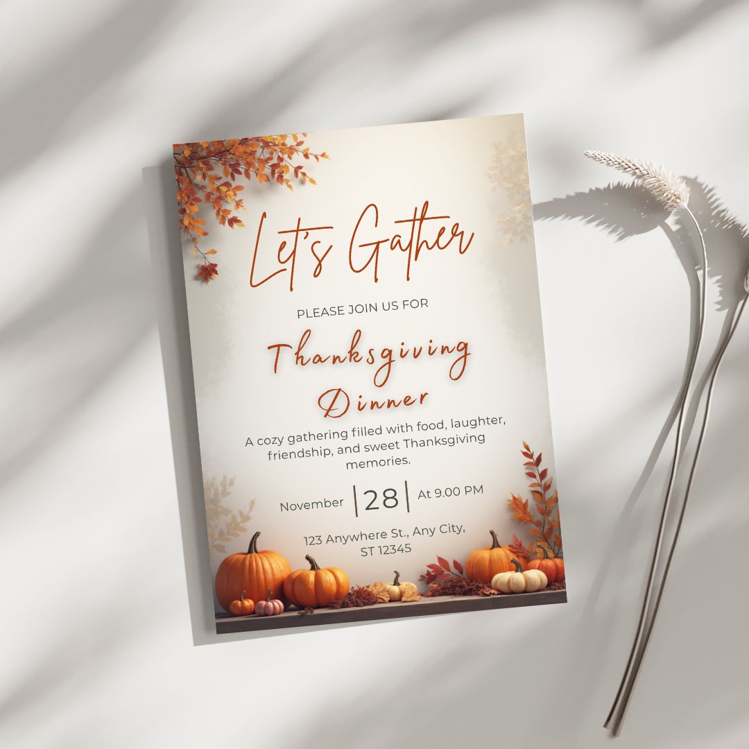 Thanksgiving Invitation Template – Editable Digital Download | Fall Party Invite | Editable with Canva