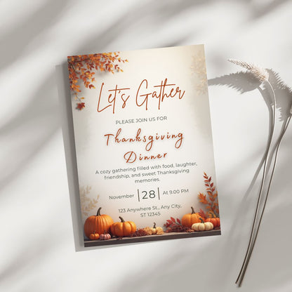 Thanksgiving Invitation Template – Editable Digital Download | Fall Party Invite | Editable with Canva